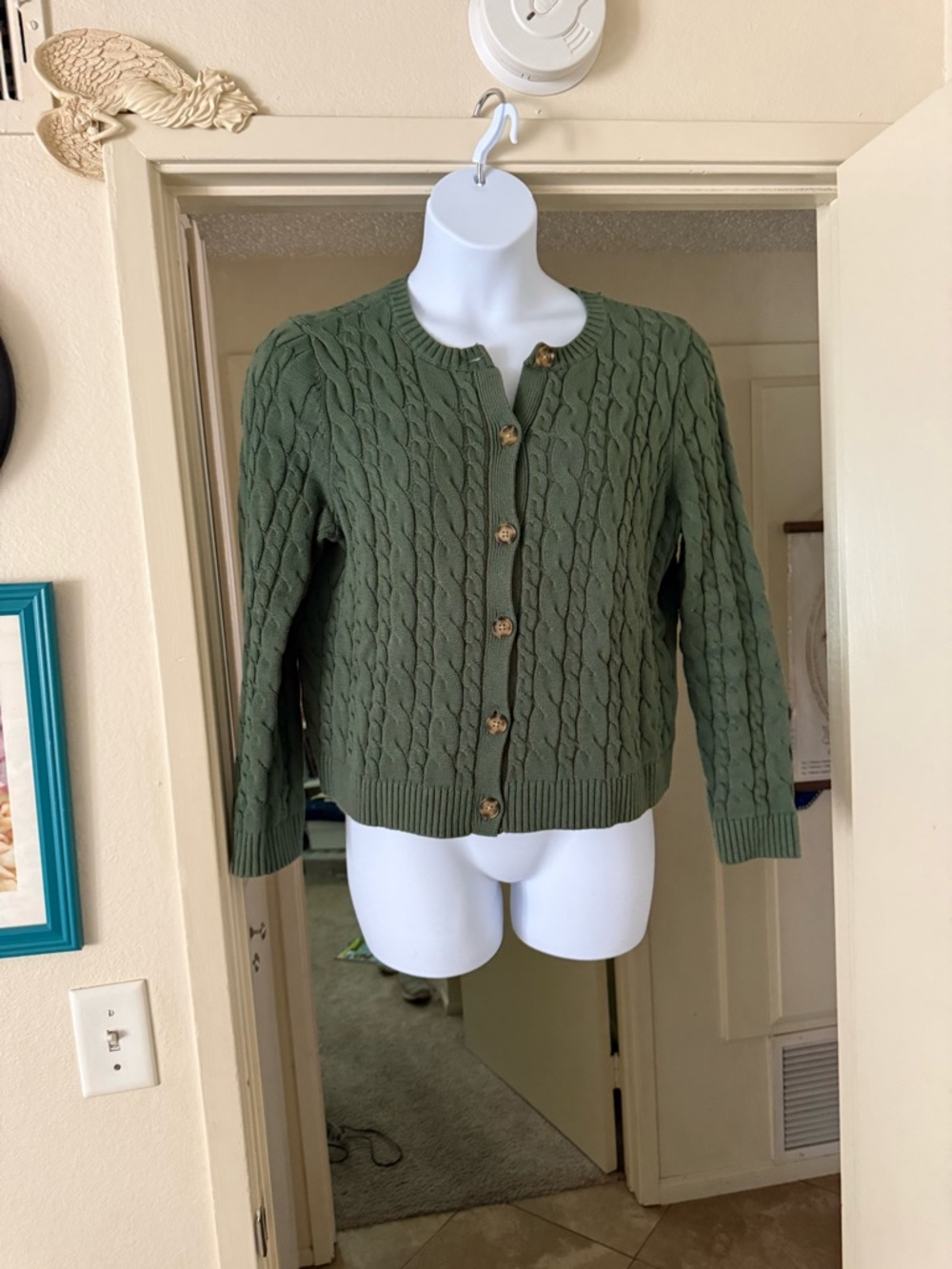 Lands' End Olive Green Cable-Knit Button Cardigan